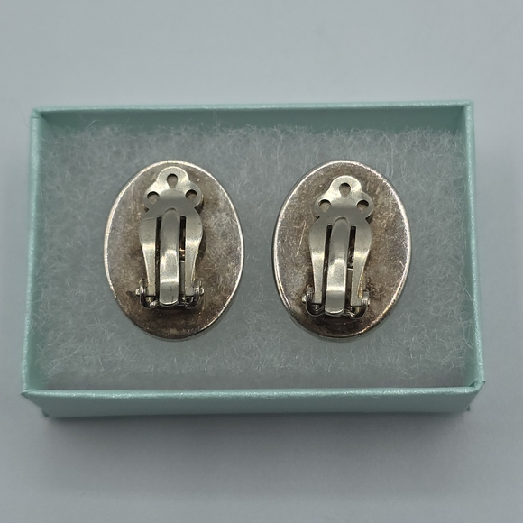 Southwestern Zuni Style Sterling Mosaic Inlay Clip-On Earrings, Handmade, Signed - Picture 8 of 13